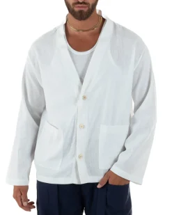 Giacca uomo lino scollo a v relaxed fit tasconi bianco GIOSAL-G3401A