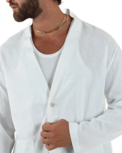 Giacca uomo lino scollo a v relaxed fit tasconi bianco GIOSAL-G3401A