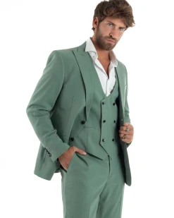 Gilet Uomo Smanicato Regolabile Doppiopetto Scollo a V Slim Fit Casual Elegante Basic Tinta Unita Verde Salvia GIOSAL-G3315A