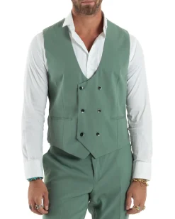 Gilet Uomo Smanicato Regolabile Doppiopetto Scollo a V Slim Fit Casual Elegante Basic Tinta Unita Verde Salvia GIOSAL-G3315A