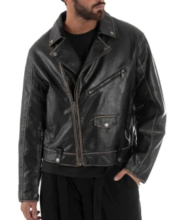 Giubbotto Crop Oversize Chiodo Ecopelle Vintage Nero G3345A