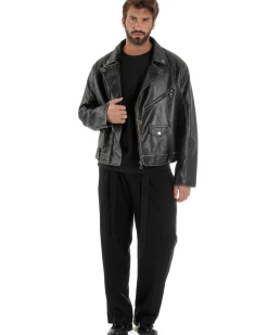 Giubbotto Crop Oversize Chiodo Ecopelle Vintage Nero G3345A