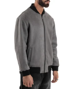 Giubbotto Double Face Bomber College Ecopelle Camoscio Grigio G3341A