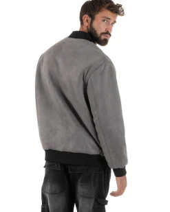 Giubbotto Double Face Bomber College Ecopelle Camoscio Grigio G3341A