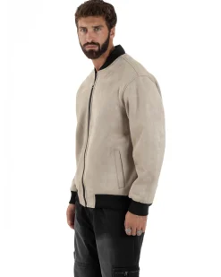 Giubbotto Double Face Bomber College Ecopelle Camoscio Beige G3342A