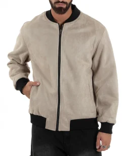 Giubbotto Double Face Bomber College Ecopelle Camoscio Beige G3342A