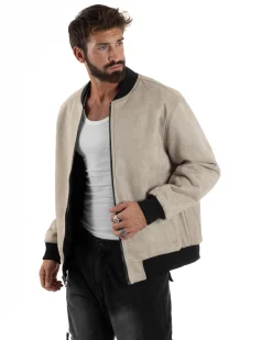 Giubbotto Double Face Bomber College Ecopelle Camoscio Beige G3342A