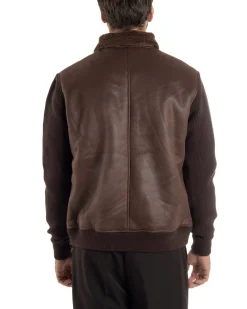 Giubbotto Ecopelle Maniche Maglia College Collo Pelliccia Marrone G3347A