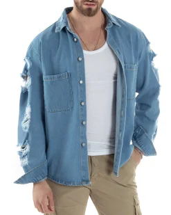 Giubbotto Jeans Uomo Camicione Con Colletto Giacca Con Rotture Denim GIOSAL-G3173A