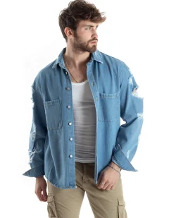 Giubbotto Jeans Uomo Camicione Con Colletto Giacca Con Rotture Denim GIOSAL-G3173A