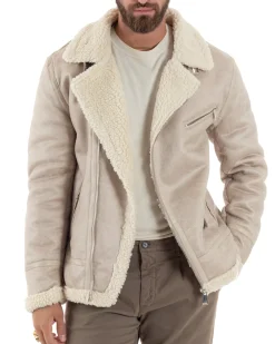 Giubbotto Montone Uomo Camoscio Imbottito Chiodo Caldo Giacca Aviatore Con Zip Con Collo In Pelliccia Casual Beige GIOSAL-G3221A
