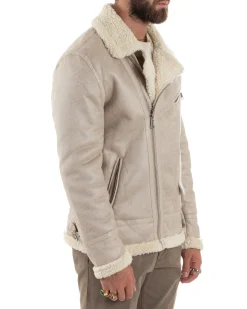 Giubbotto Montone Uomo Camoscio Imbottito Chiodo Caldo Giacca Aviatore Con Zip Con Collo In Pelliccia Casual Beige GIOSAL-G3221A