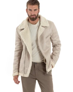 Giubbotto Montone Uomo Camoscio Imbottito Chiodo Caldo Giacca Aviatore Con Zip Con Collo In Pelliccia Casual Beige GIOSAL-G3221A