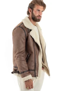 Giubbotto montone uomo camoscio imbottito chiodo giacca aviatore zip pelliccia camel GIOSAL-G3222A
