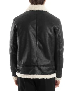 Giubbotto Montone Uomo Camoscio Con Zip Aviatore Con Pelliccia Giacca College Con Collo Imbottito Caldo Casual Nero GIOSAL-G3228A
