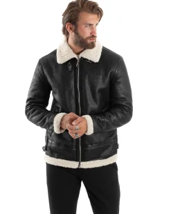 Giubbotto Montone Uomo Camoscio Con Zip Aviatore Con Pelliccia Giacca College Con Collo Imbottito Caldo Casual Nero GIOSAL-G3228A