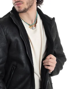 Giubbotto Montone Uomo Camoscio Imbottito Con Collo Casual Giacca Aviatore Con Zip Nero GIOSAL-G3286A