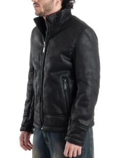 Giubbotto Montone Uomo Camoscio Imbottito Con Collo Casual Giacca Aviatore Con Zip Nero GIOSAL-G3286A