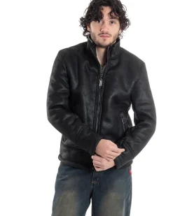 Giubbotto Montone Uomo Camoscio Imbottito Con Collo Casual Giacca Aviatore Con Zip Nero GIOSAL-G3286A