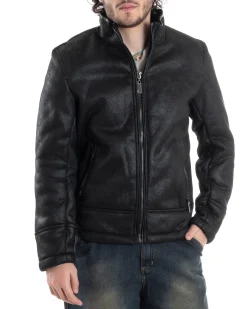 Giubbotto Montone Uomo Camoscio Imbottito Con Collo Casual Giacca Aviatore Con Zip Nero GIOSAL-G3286A