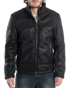 Giubbotto Montone Uomo Camoscio Imbottito Con Collo Casual Giacca Aviatore Con Zip Nero GIOSAL-G3286A