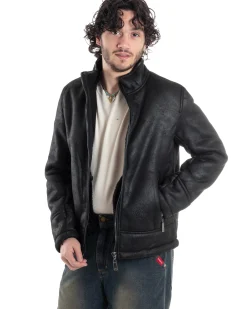 Giubbotto Montone Uomo Camoscio Imbottito Con Collo Casual Giacca Aviatore Con Zip Nero GIOSAL-G3286A