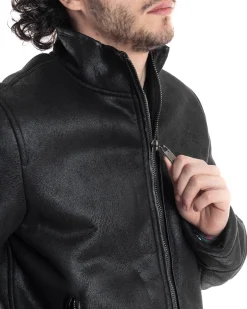 Giubbotto Montone Uomo Camoscio Imbottito Con Collo Casual Giacca Aviatore Con Zip Nero GIOSAL-G3286A