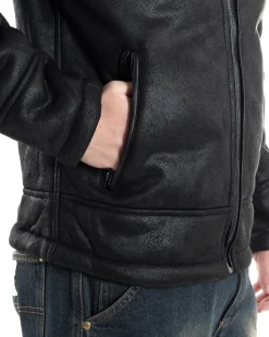 Giubbotto Montone Uomo Camoscio Imbottito Con Collo Casual Giacca Aviatore Con Zip Nero GIOSAL-G3286A
