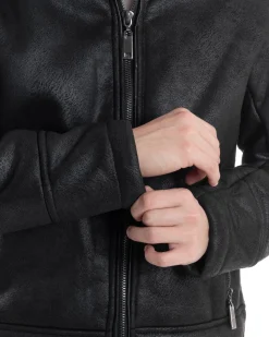 Giubbotto Montone Uomo Camoscio Imbottito Con Collo Casual Giacca Aviatore Con Zip Nero GIOSAL-G3286A
