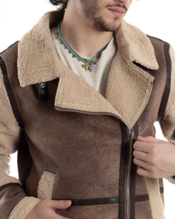 Giubbotto Montone Uomo Camoscio Chiodo Caldo Pelliccia Teddy Giacca Aviatore Zip Camel GIOSAL-G3285A