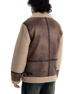 Giubbotto Montone Uomo Camoscio Chiodo Caldo Pelliccia Teddy Giacca Aviatore Zip Camel GIOSAL-G3285A