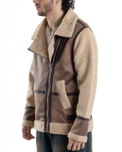 Giubbotto Montone Uomo Camoscio Chiodo Caldo Pelliccia Teddy Giacca Aviatore Zip Camel GIOSAL-G3285A