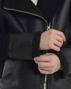 Giubbotto Montone Uomo Camoscio Chiodo Caldo Pelliccia Teddy Giacca Aviatore Zip Nero GIOSAL-G3284A