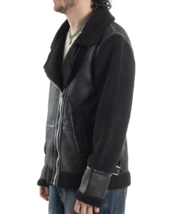 Giubbotto Montone Uomo Camoscio Chiodo Caldo Pelliccia Teddy Giacca Aviatore Zip Nero GIOSAL-G3284A