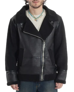 Giubbotto Montone Uomo Camoscio Chiodo Caldo Pelliccia Teddy Giacca Aviatore Zip Nero GIOSAL-G3284A
