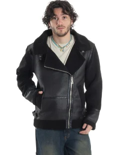 Giubbotto Montone Uomo Camoscio Chiodo Caldo Pelliccia Teddy Giacca Aviatore Zip Nero GIOSAL-G3284A