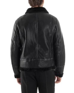 Giubbotto Montone Uomo Ecopelle College Con Zip Giacca Con Collo Imbottito Caldo Aviatore Con Pelliccia Casual Nero GIOSAL-G3225A