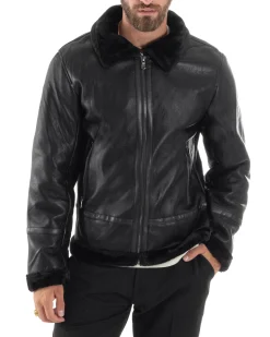 Giubbotto Montone Uomo Ecopelle College Con Zip Giacca Con Collo Imbottito Caldo Aviatore Con Pelliccia Casual Nero GIOSAL-G3225A