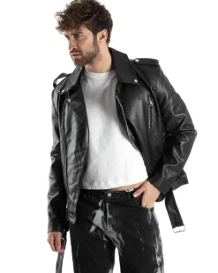 Giubbotto uomo biker chiodo ecopelle morbida casual nero GIOSAL-G3169A