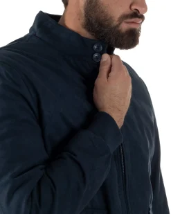 Giubbotto Uomo Bomber Camoscio Morbido Zip Tasconi Blu G3376A