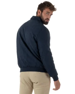 Giubbotto Uomo Bomber Camoscio Morbido Zip Tasconi Blu G3376A