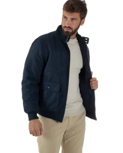 Giubbotto Uomo Bomber Camoscio Morbido Zip Tasconi Blu G3376A