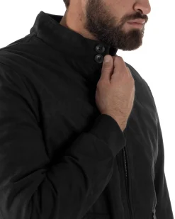 Giubbotto Uomo Bomber Camoscio Morbido Zip Tasconi Nero G3378A