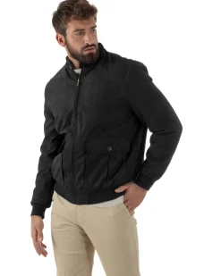 Giubbotto Uomo Bomber Camoscio Morbido Zip Tasconi Nero G3378A