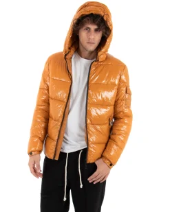 Giubbotto Uomo Bomber Lucido Vernice Cappuccio Tinta Unita Senape GIOSAL-G2655A