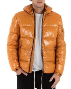 Giubbotto Uomo Bomber Lucido Vernice Cappuccio Tinta Unita Senape GIOSAL-G2655A