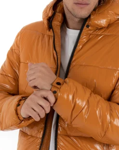 Giubbotto Uomo Bomber Lucido Vernice Cappuccio Tinta Unita Senape GIOSAL-G2655A
