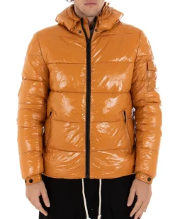 Giubbotto Uomo Bomber Lucido Vernice Cappuccio Tinta Unita Senape GIOSAL-G2655A