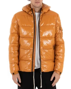 Giubbotto Uomo Bomber Lucido Vernice Cappuccio Tinta Unita Senape GIOSAL-G2655A