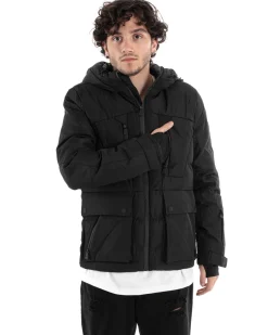 Giubbotto Uomo Bomber Nero Tasche Cappuccio Casual Imbottito GIOSAL-G3004A